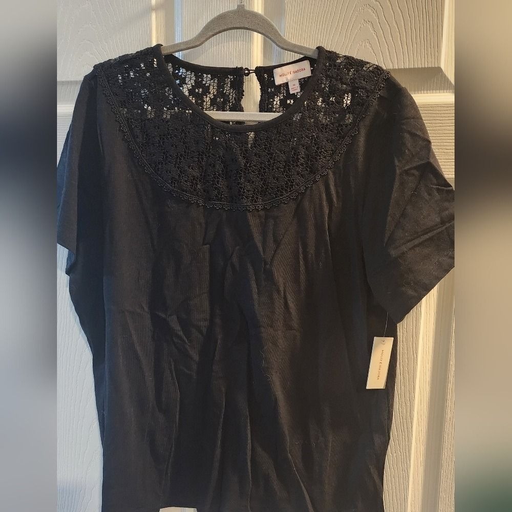 Molly & Isadora Black Crochet Lace Yoke Short Sleeve Blouse Plus Size 1X NWT